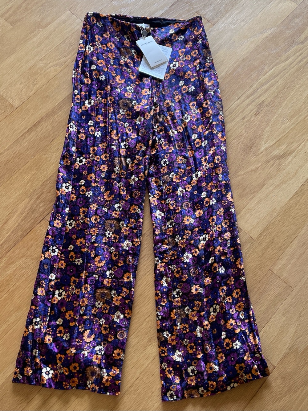 Antik Batik Purple and Gold Floral Velvet Wide-Leg Pants